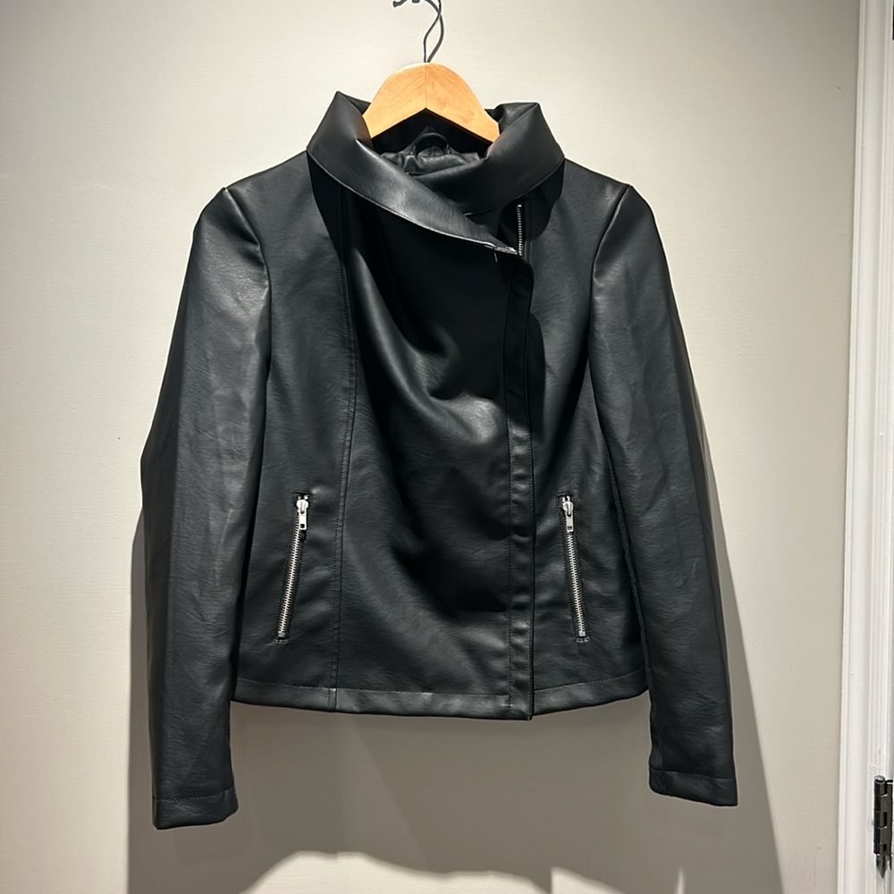 Black Faux Leather Asymmetric Zip Jacket - Women